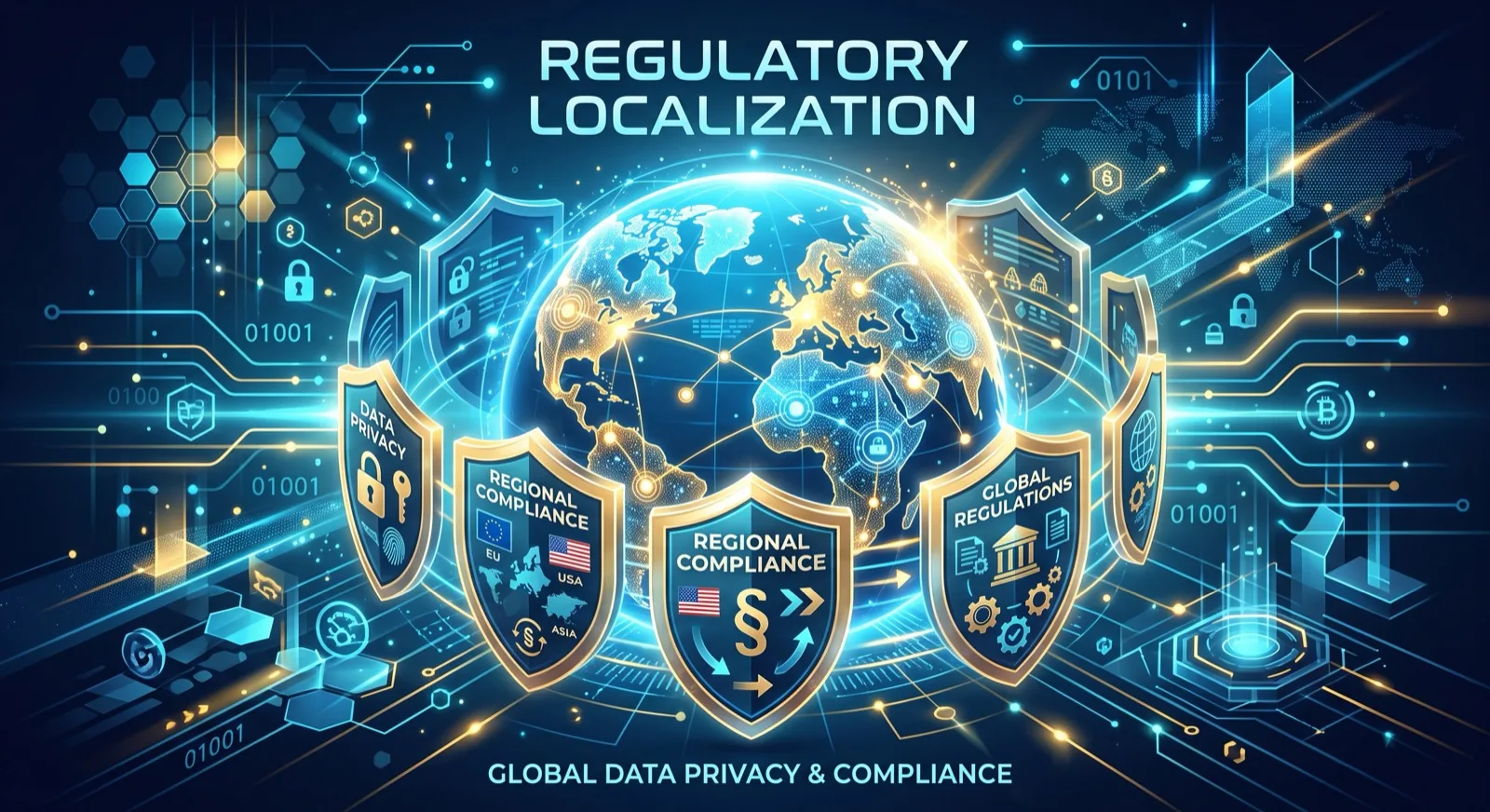 A globe ringed by shields labelled Data Privacy, Regional Compliance, and Global Regulations, over a circuit-board field — the regulatory-localization idea in one picture.